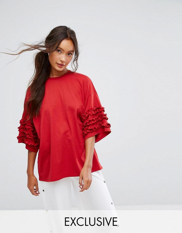Monki Ruffle Frill Oversized T-shirt - Red