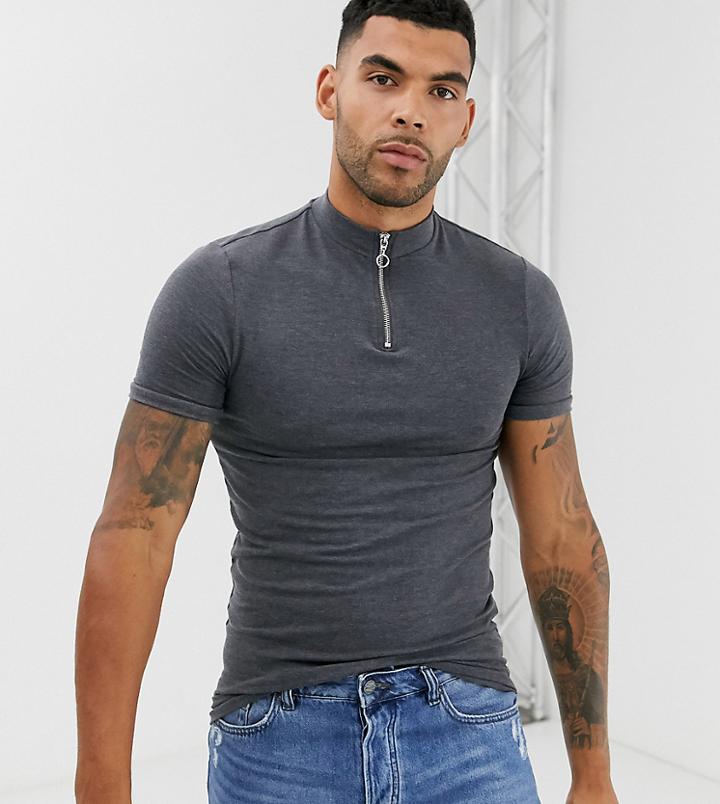 Asos Design Tall Organic Muscle Fit Zip Turtleneck T-shirt In Gray
