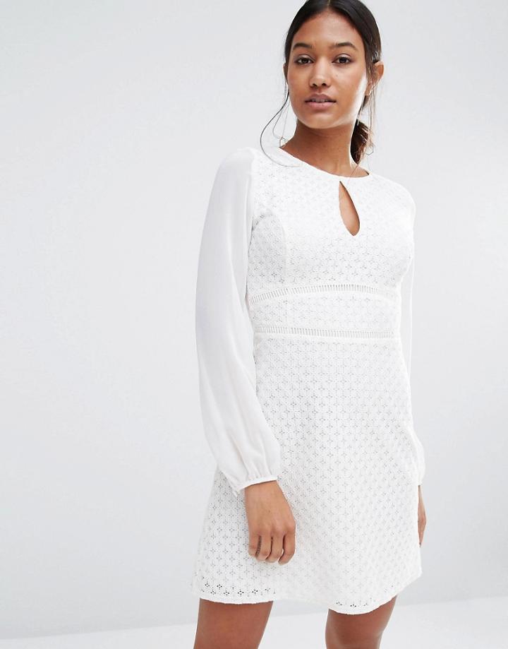 Lipsy Long Sleeve Keyhole Mesh Dress - White