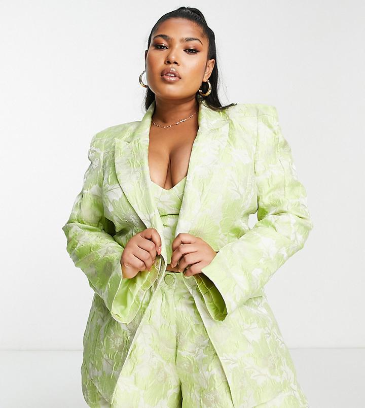 Asos Luxe Curve Jacquard Blazer With Shoulder Pads In Green - Part Of A Set