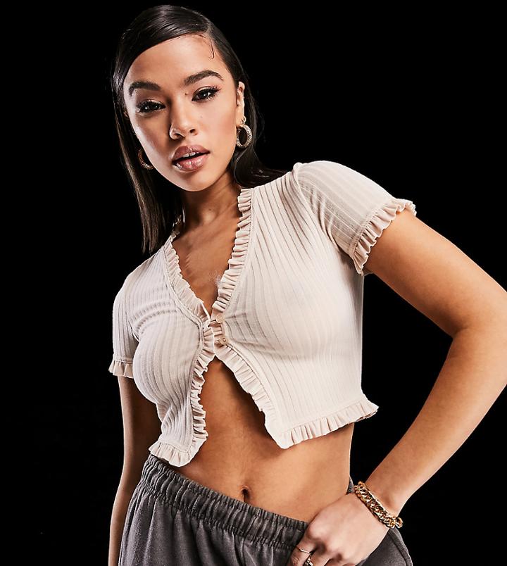 Asyou Frill Edge Ribbed Cardigan In Putty-white