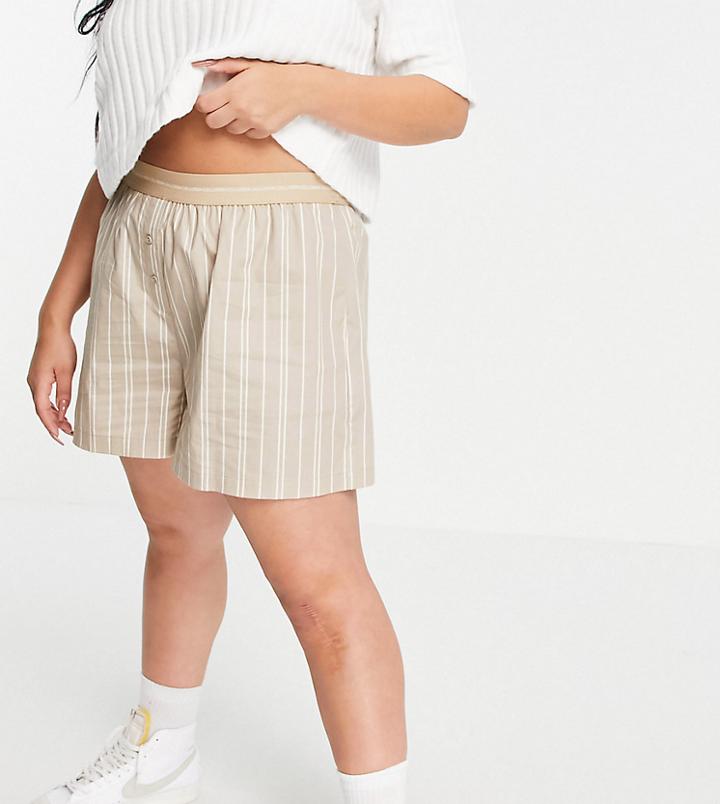 Collusion Plus Coordinating Shorts With Branded Waistband In Beige Stripe-neutral