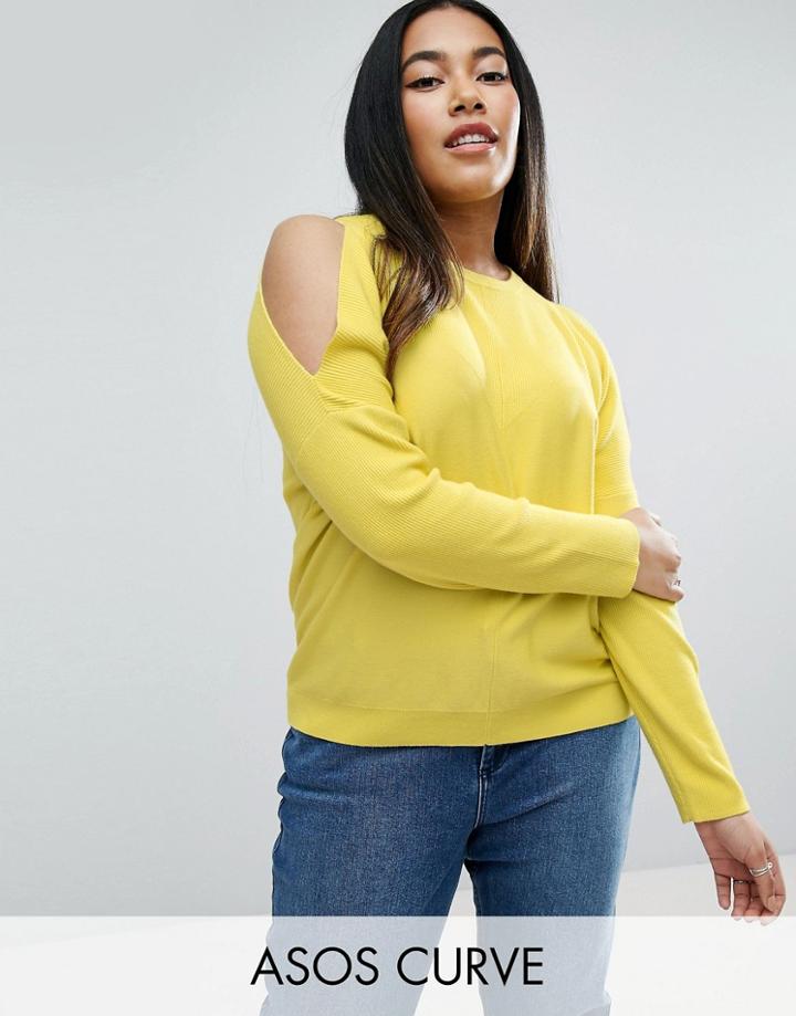 Asos Curve Contrast Rib Cold Shoulder Sweater - Yellow