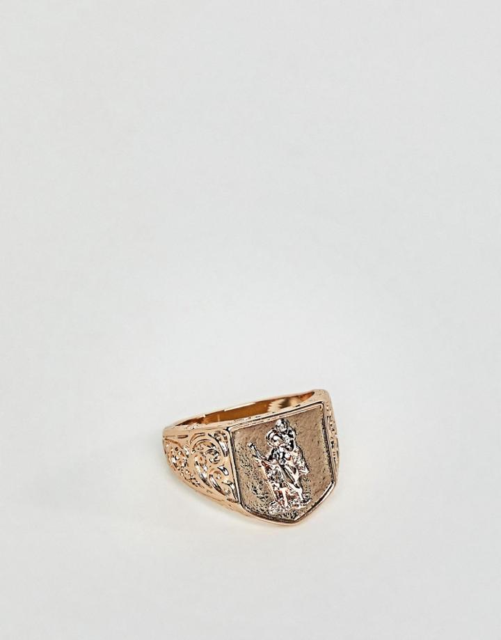 Chained & Able St Christopher Detailed Signet Ring In Gold - Gold
