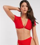 South Beach Exclusive Mix And Match Ring Detail Rib Cap Sleeve Bikini Top In Red