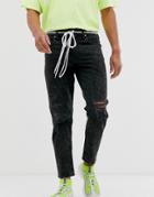 Asos Design Classic Rigid Jeans In Washed Black With Rips And Shoelace Belt - Black