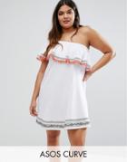 Asos Curve One Shoulder Sundress With Geo-tribal Trims And Pom Poms - White