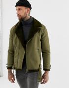 Asos Design Faux Shearling Biker Jacket With Fleece Lining In Khaki-green