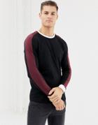 Asos Design Longline Long Sleeve T-shirt With Contrast Shoulder Panel In Black - Black