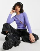 Asos Design Fluffy Cardi With Asymmetric Detail With Piercing Button In Light Blue-purple