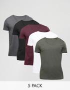 Asos 5 Pack T-shirt With V Neck - Multi