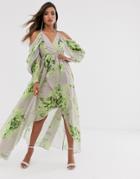 Asos Design Cold Shoulder Floral Print Maxi Dress-multi