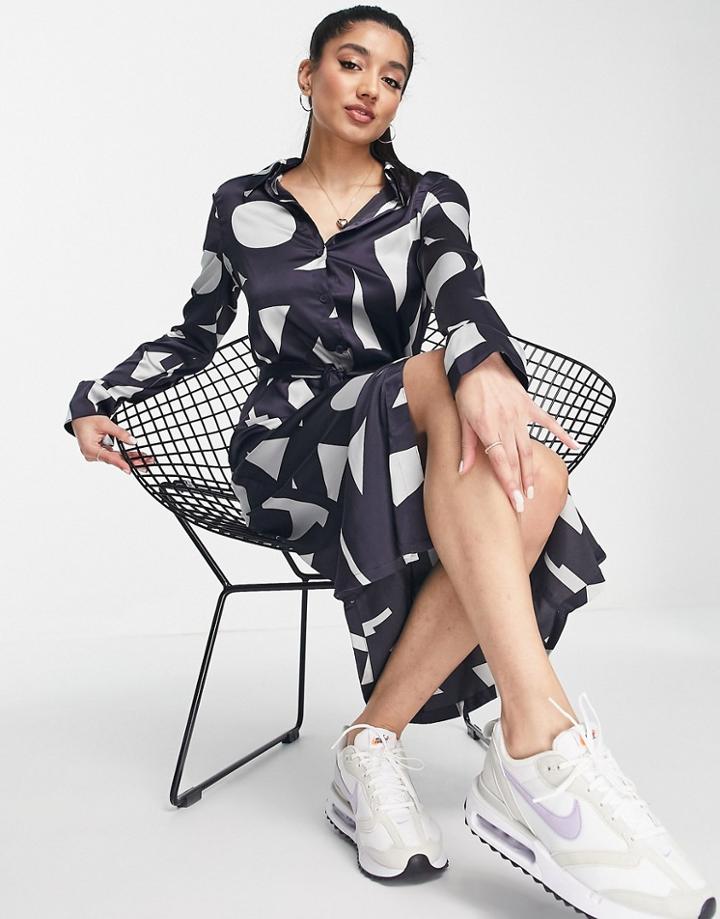 Monki Satin Belted Midi Shirt Dress In Letter Print Blue