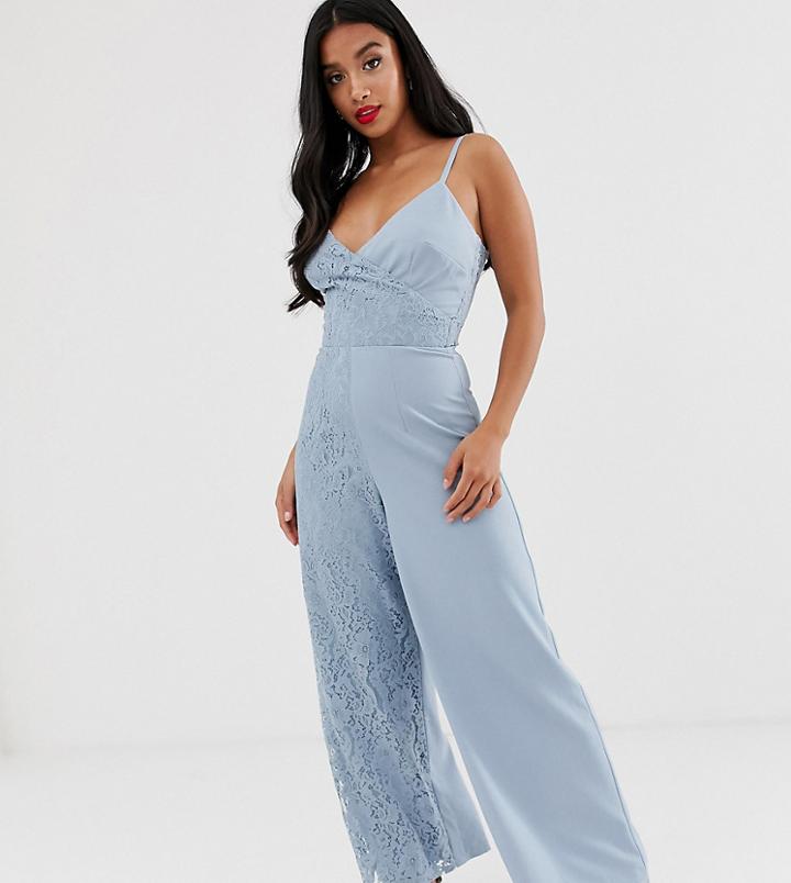 Little Mistress Petite Cami Strap Wide Leg Jumpsuit With Lace Detail-blue