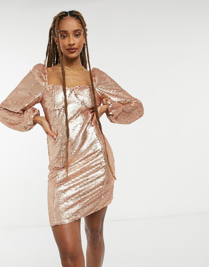 Collective The Label Long Sleeve Sequin Mini Shift Dress In Sequin-gold