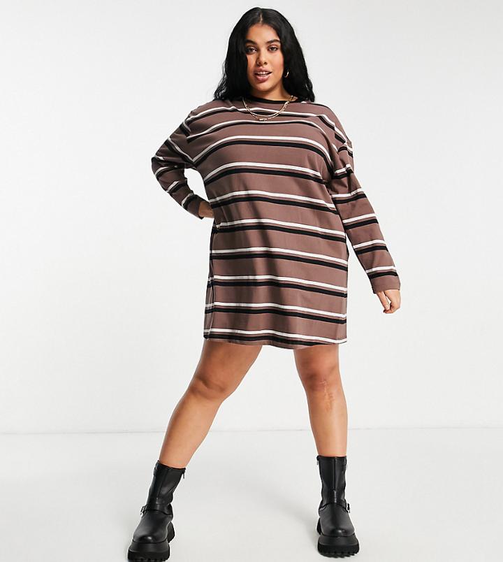 Asos Design Curve Oversized Long Sleeve T-shirt Dress In Taupe Black And White Stripe-neutral