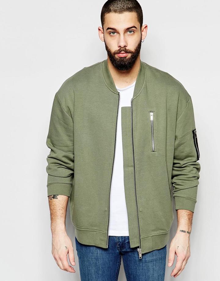 Asos Oversized Ma1 Bomber Jacket In Jersey With Zip Pocket In Khaki - Khaki