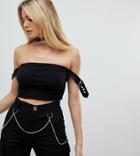 One Above Another Crop Top With Buckle Sleeves In Rib - Black