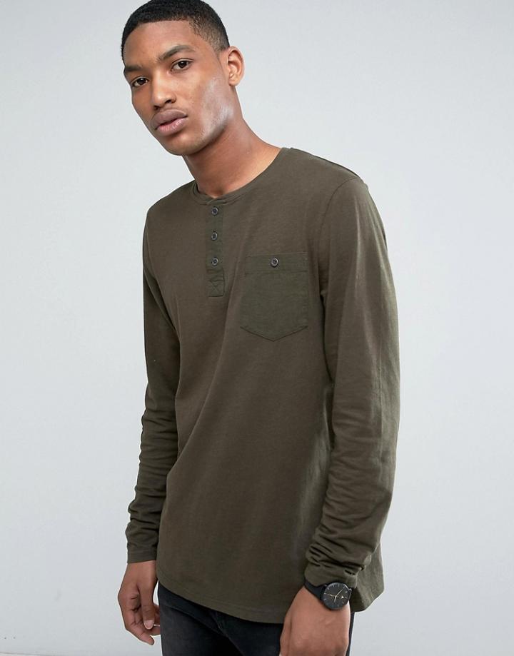 Brave Soul Grandad Slub Long Sleeve Top With Pocket - Green