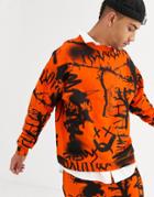 Jaded London Sweatshirt In Orange Graffiti Print