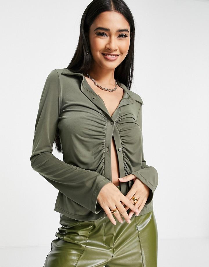 River Island Slinky Jersey Shirt In Khaki-green