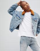 Asos Oversized Denim Jacket With Rust Fleece Collar - Blue