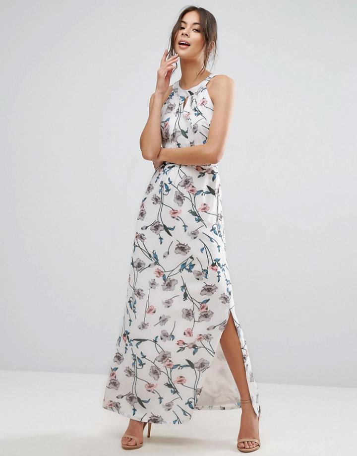 Uttam Boutique Maxi Dress In Floral Print With Pleated Neckline - White