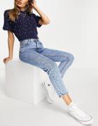 Pull & Bear Basic High Rise Mom Jeans In Medium Blue-blues