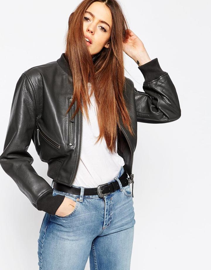 Asos Bomber Jacket In Premium Leather - Black