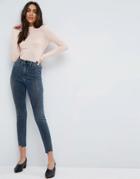 Asos Ridley High Waist Skinny Jeans With Seamed Split Front In Valentine Dark Mottled Wash - Blue