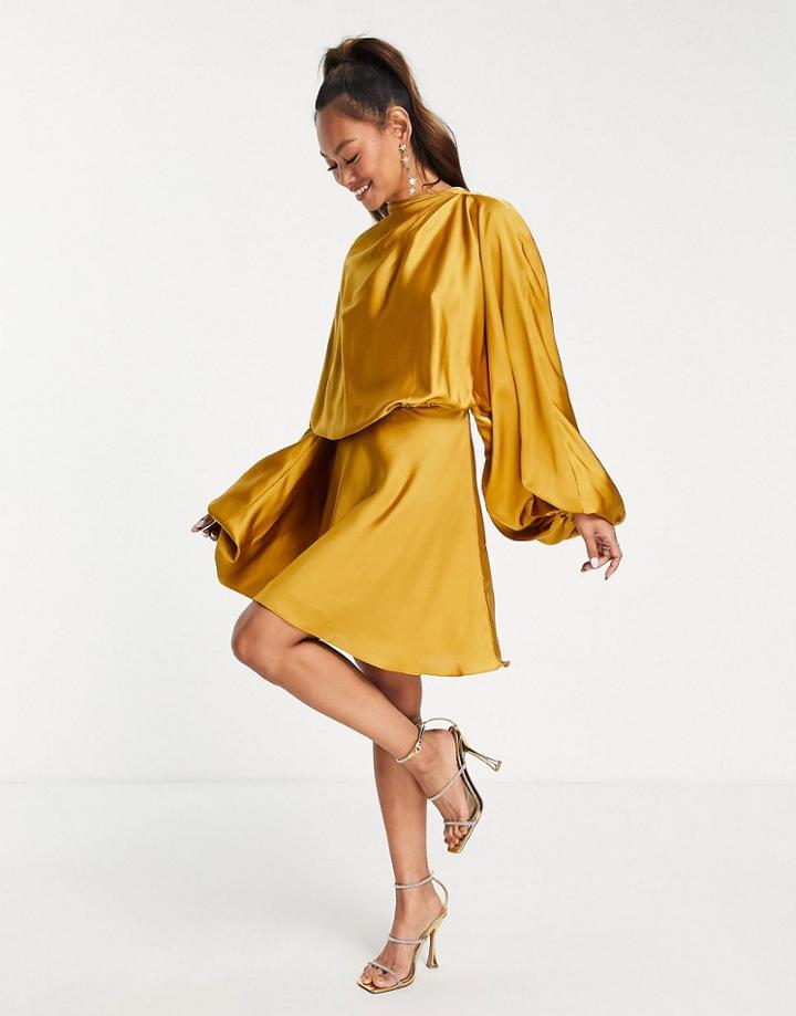 Asos Design Blouson Sleeve Satin Mini Dress With Open Back In Gold