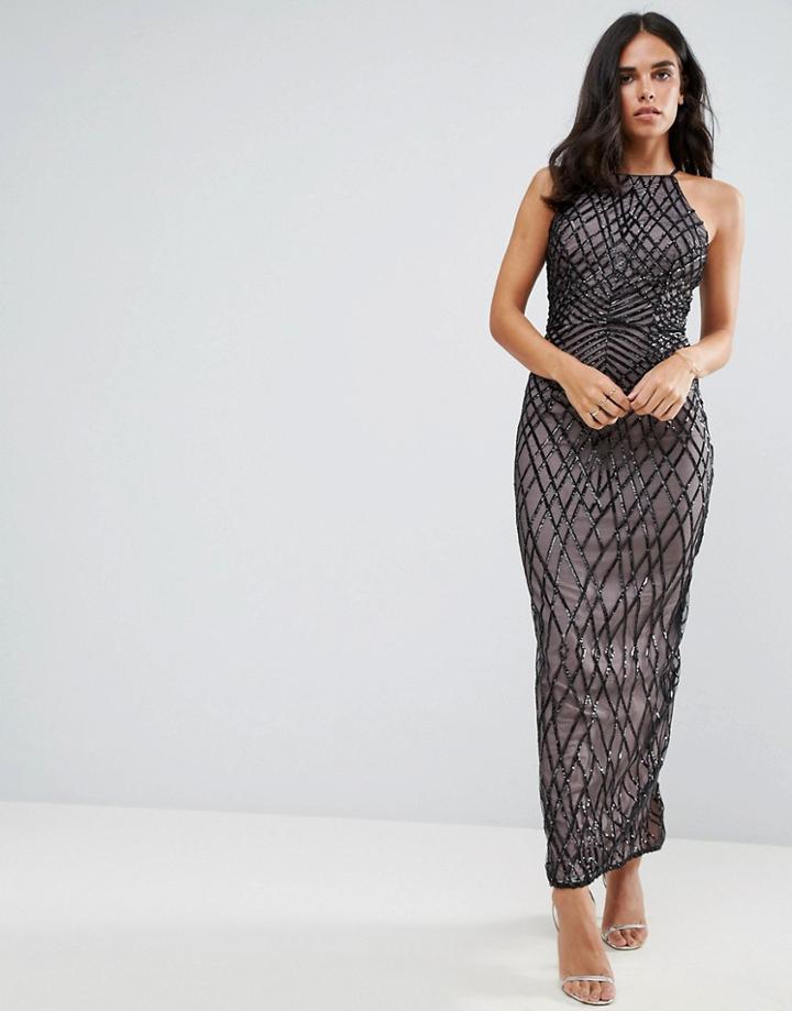 Little Mistress Sequin Print Maxi Dress With Cross Back - Black