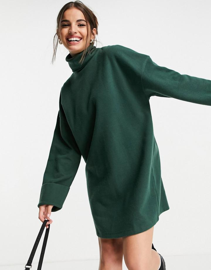 Asos Design Super Soft Turned Cuff Roll Neck Mini Sweater Dress In Forest-green