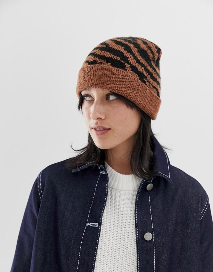 Asos Design Tiger Print Beanie - Brown