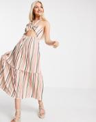Asos Design Halter Maxi Dress With Cut Out And Tiers In Tonal Red Stripe