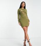 I Saw It First Petite Knit Asymmetric Cut-out Mini Dress In Olive-green