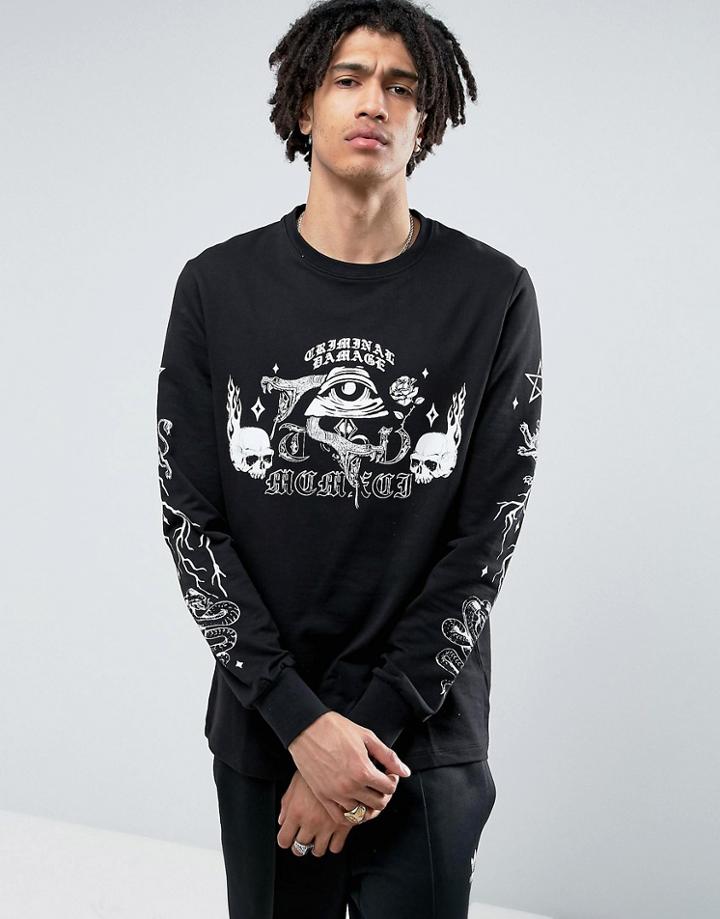 Criminal Damage Long Sleeve T-shirt In Black With Skull Print - Black