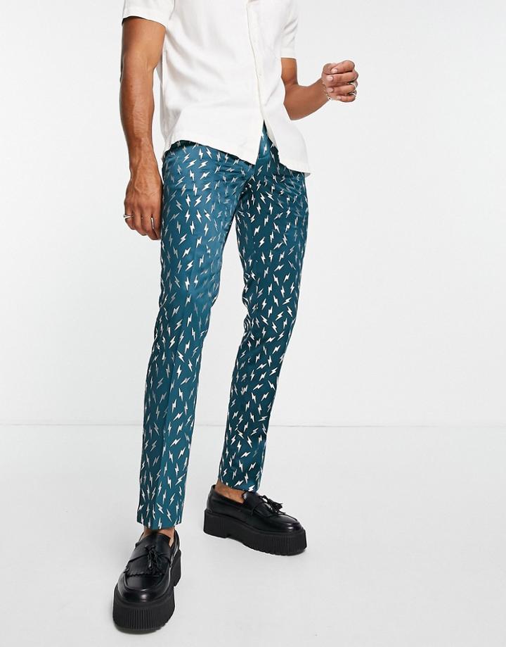 Twisted Tailor Suit Pants In Green With Silver Foil Lightning Bolt Print