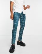 Twisted Tailor Suit Pants In Green With Silver Foil Lightning Bolt Print