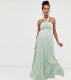 Asos Design Maternity Halter Knot Detail Pleated Maxi Dress - Green