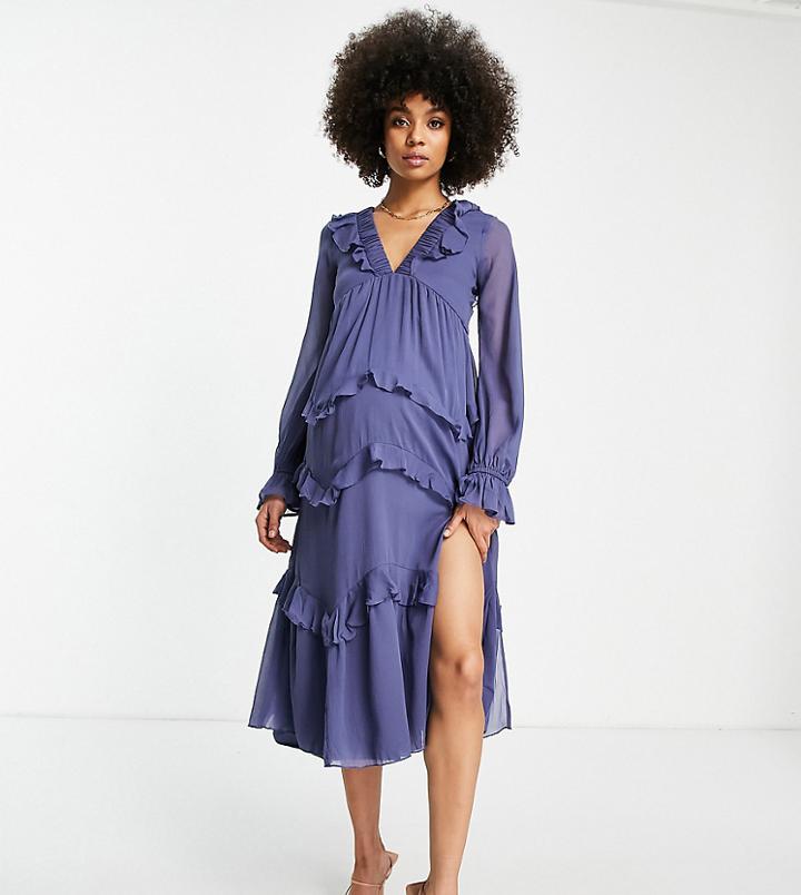 Asos Design Maternity Tierred Ruffle Midi Dress With Elastic Waist And Lace Up Back Detail-blue
