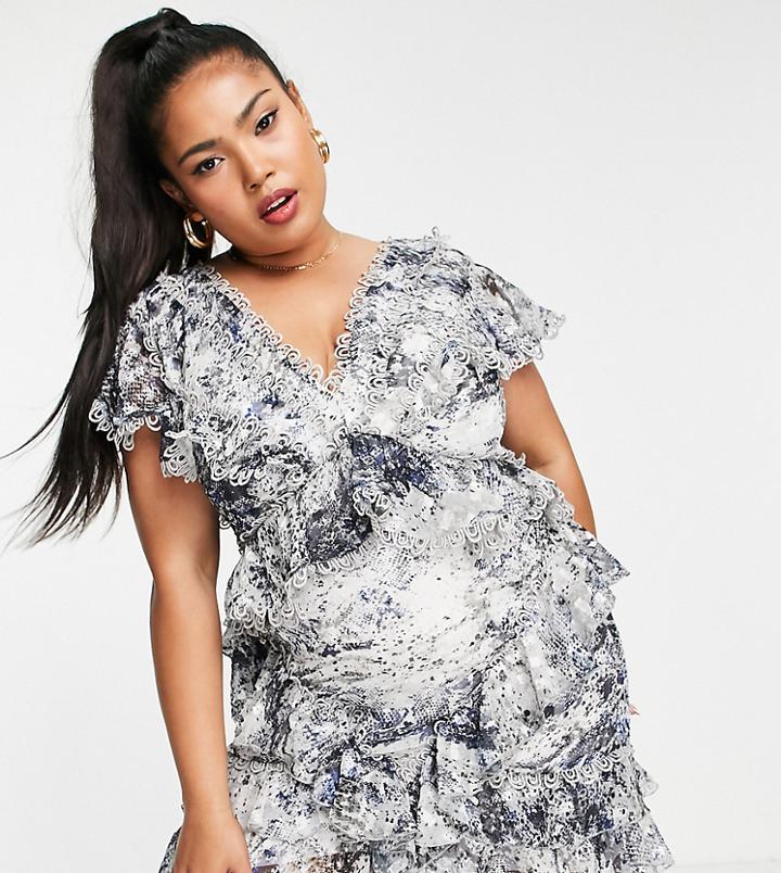 Asos Design Curve Lace Trim Mini Dress With Ruffle Detail In Blurred Floral-multi