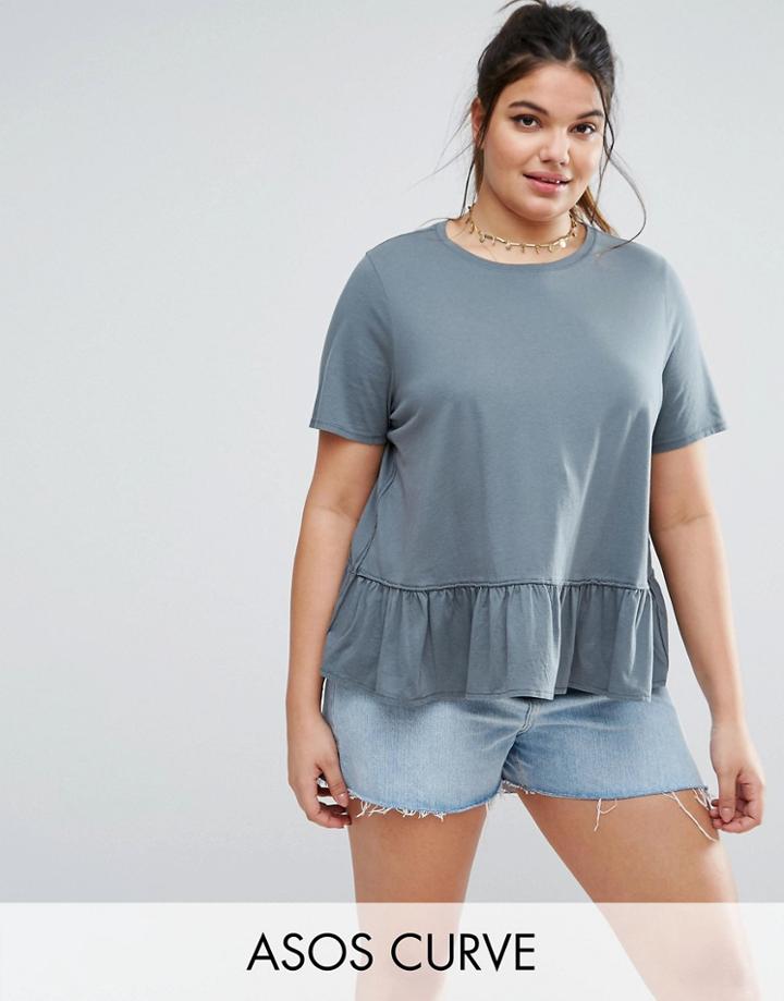 Asos Curve Ruffle Hem T-shirt In Wash - Green