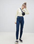 Asos Design High Rise Farleigh 'slim' Mom Jeans In Dark London Blue Wash With Exposed Button Fly-blues