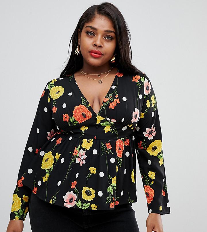 Influence Plus Floral Button Through Peplum Blouse-black