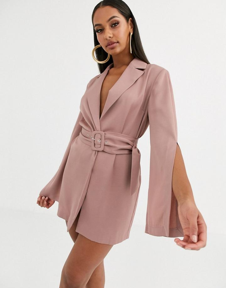Asos Design Split Sleeve Wrap Waist Longline Blazer-pink