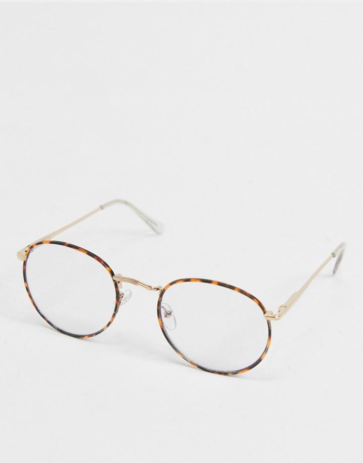 Asos Design Metal Round Clear Lens Glasses In Tort With Blue Light