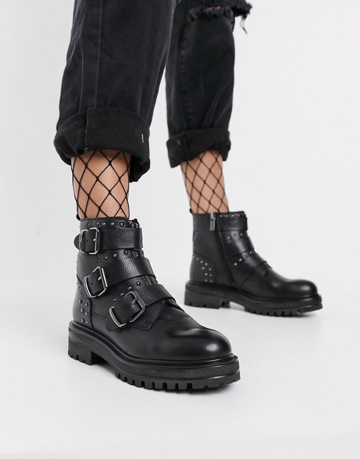 Rule London Leather Chunky Buckle Boots In Black