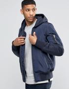 Asos Hooded Bomber Jacket With Ma1 Pocket In Navy - Navy