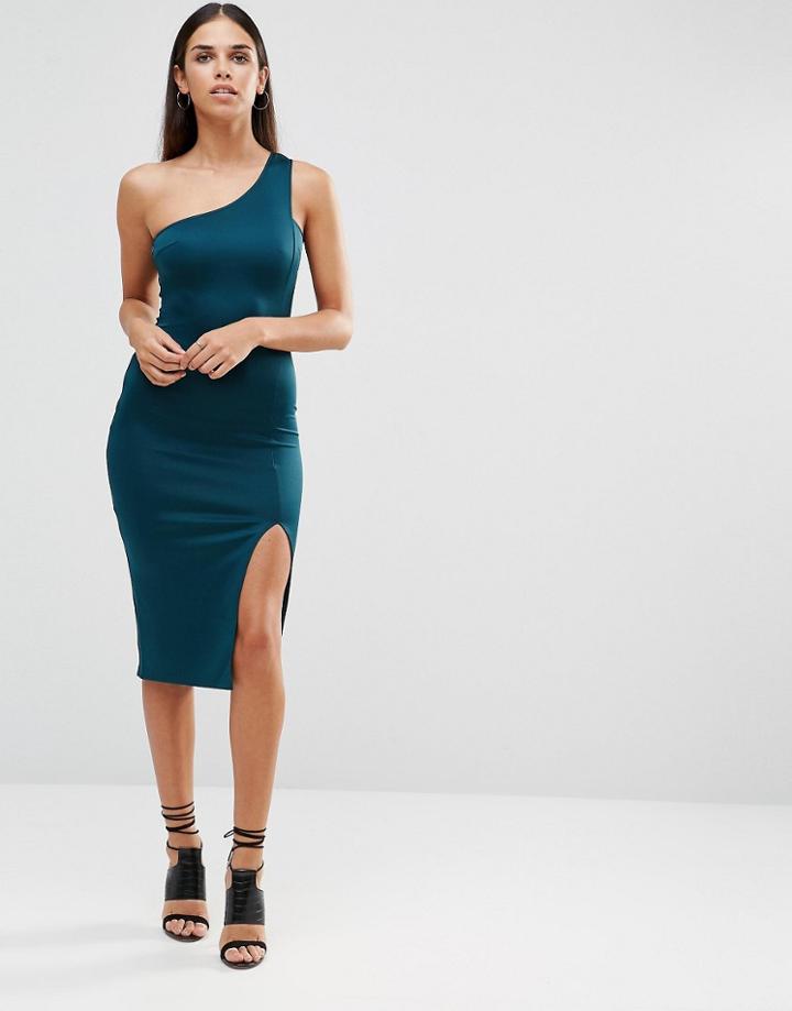Ax Paris One Shoulder Midi Dress With Thigh Split - Teal